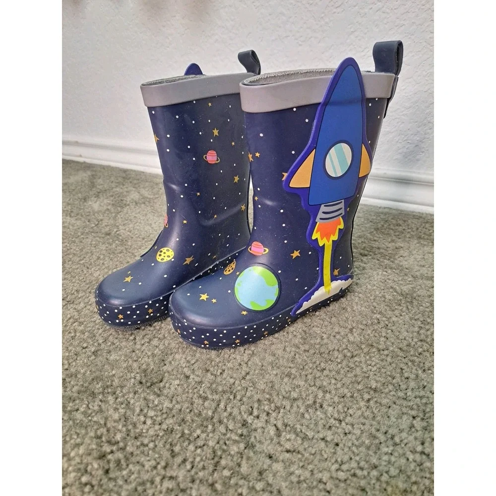 Cat & Jack Toddler Boys' Rocket Print Pull-On Rain Boots SIZE 7